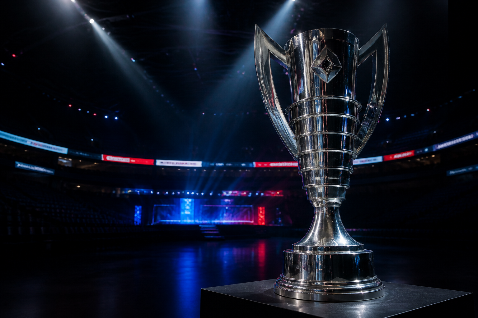 An empty esports arena stage with a single glowing silver trophy at the center.