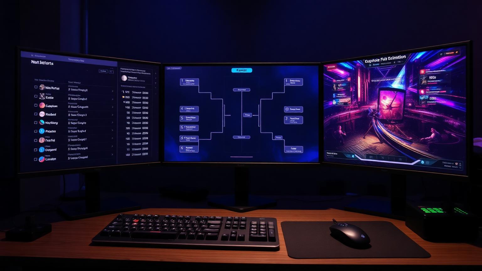 A tournament organizer's desk with multiple monitors showing a Discord server, a tournament bracket, and game footage.