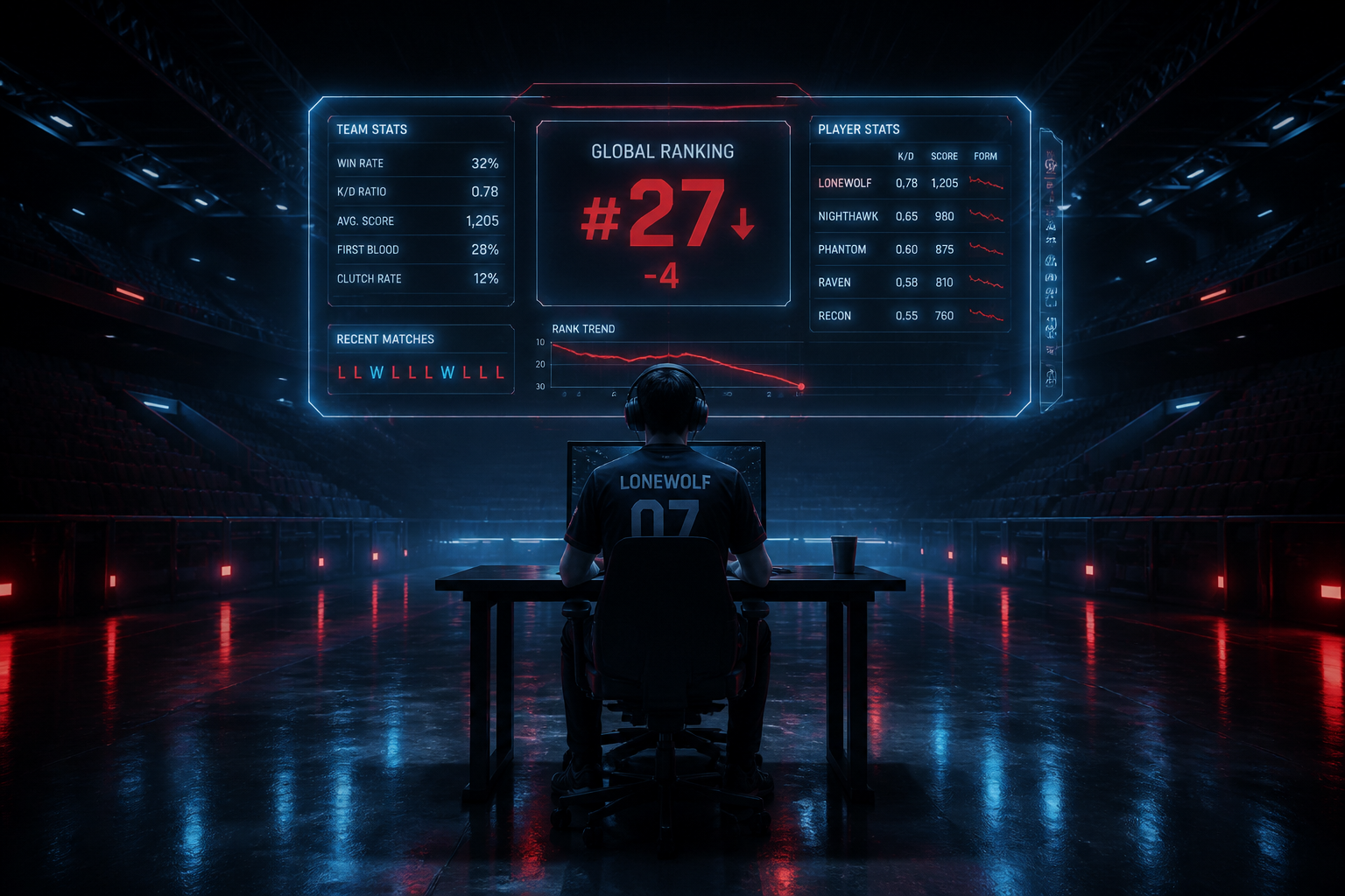 A Counter-Strike player looking at a complex digital scoreboard showing declining points in a dark arena.