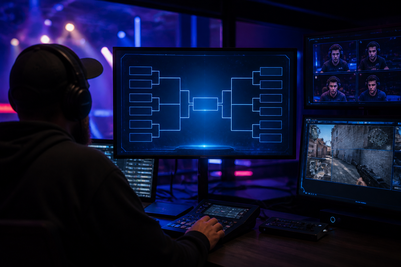 A sleek tournament bracket displayed on a large screen in a dark, neon-lit esports arena control room.