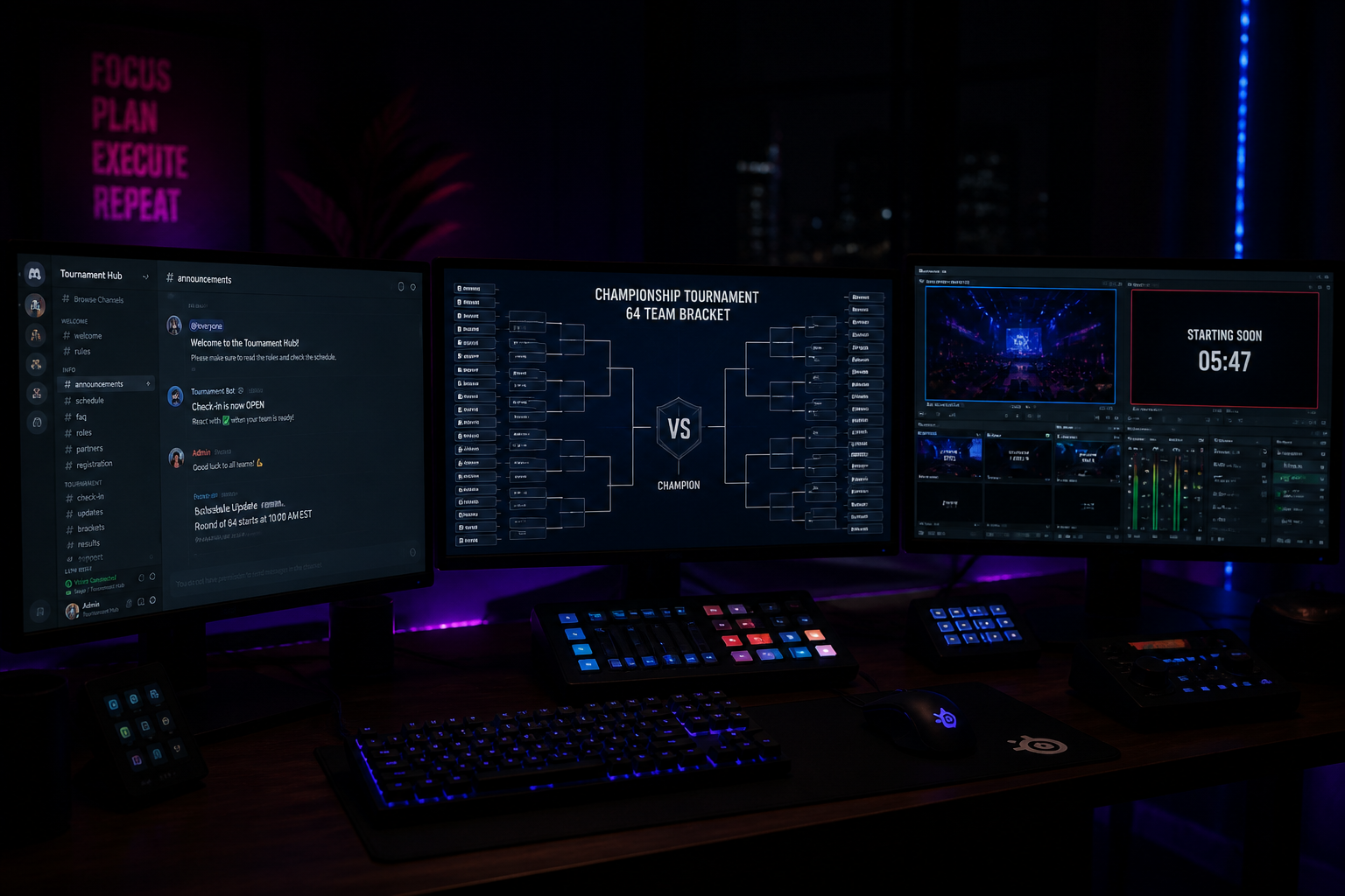 A clean, modern esports tournament organizer desk with multiple monitors showing a bracket, Discord, and broadcast software.