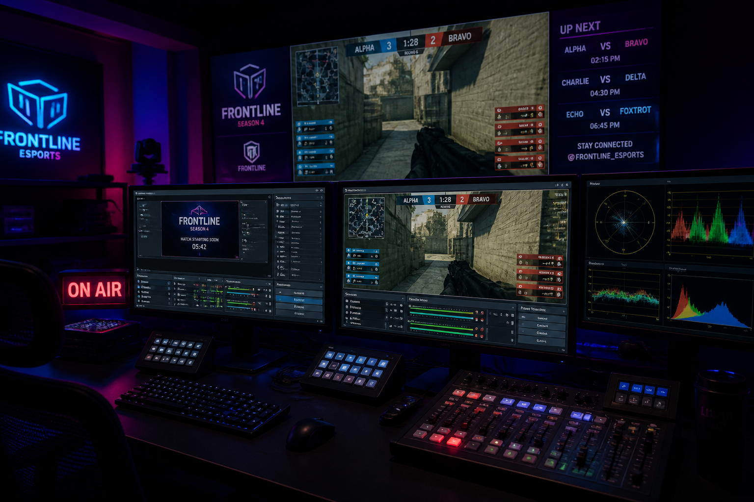 A cinematic view of an esports broadcast control room with multiple monitors showing OBS and live gameplay.