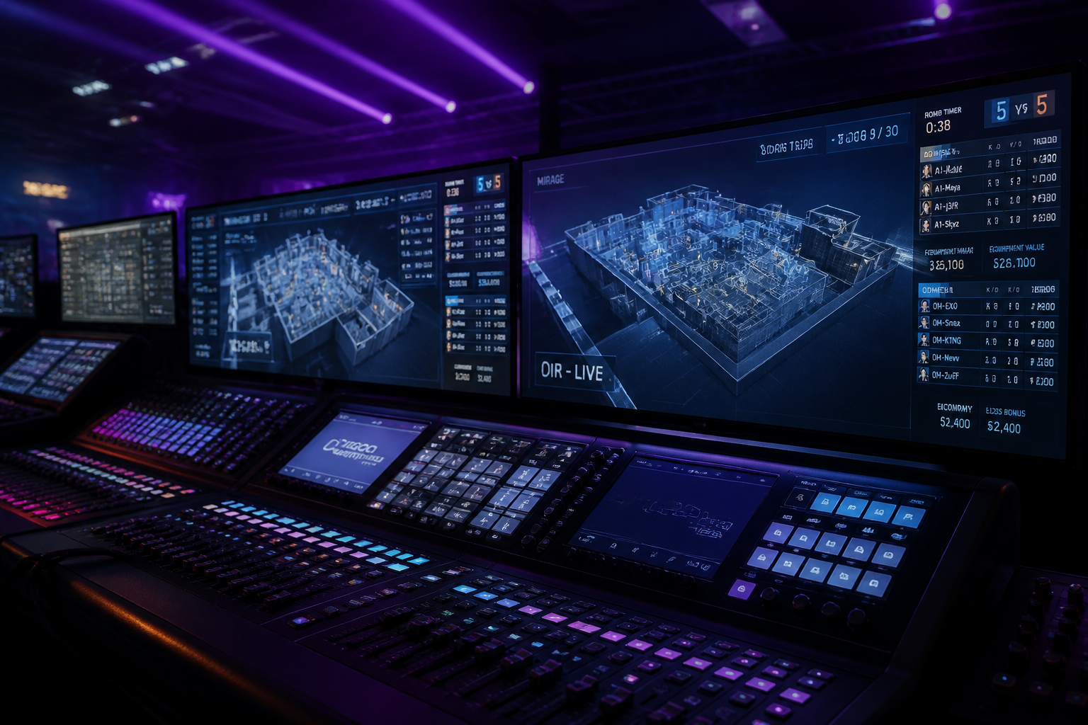 A high-tech esports broadcast control room with glowing blue monitors showing 3D tactical maps and operator silhouettes in a smoky arena.