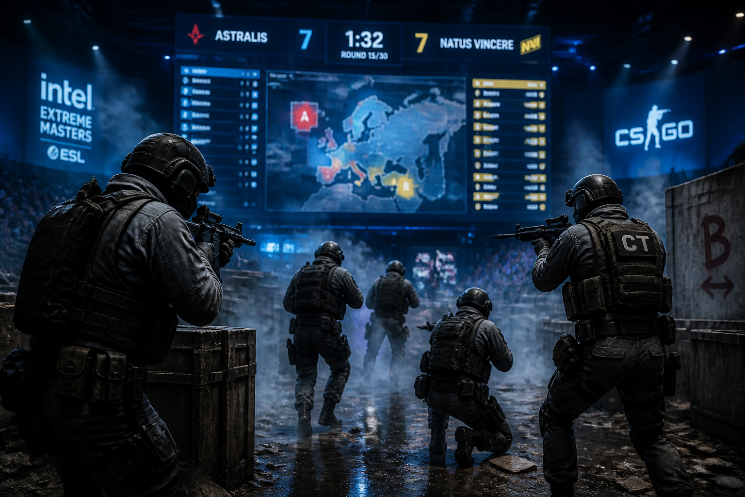 A cinematic high-angle view of a professional esports arena stage with players behind monitors and blue spotlights cutting through stage fog.