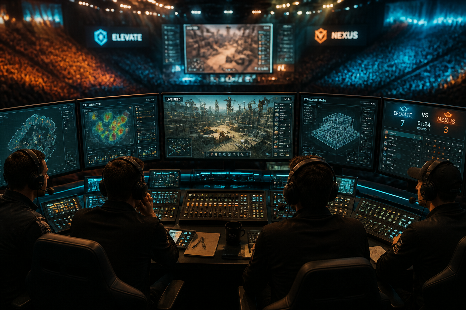 A high-end esports broadcast desk with glowing neon monitors displaying tactical maps and radar overlays in a dark arena.
