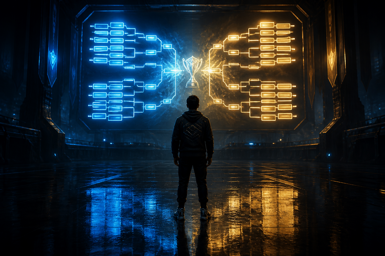 A lone figure stands in the center of a darkened esports arena, looking up at a giant screen.