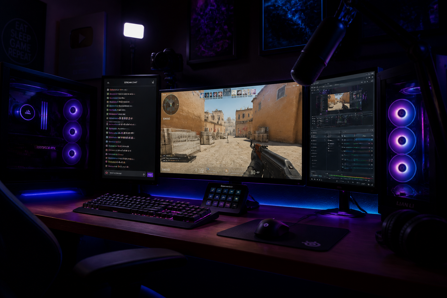 A clean streamer desk setup with two PC towers visible, multiple monitors showing a CS2 match and OBS Studio.