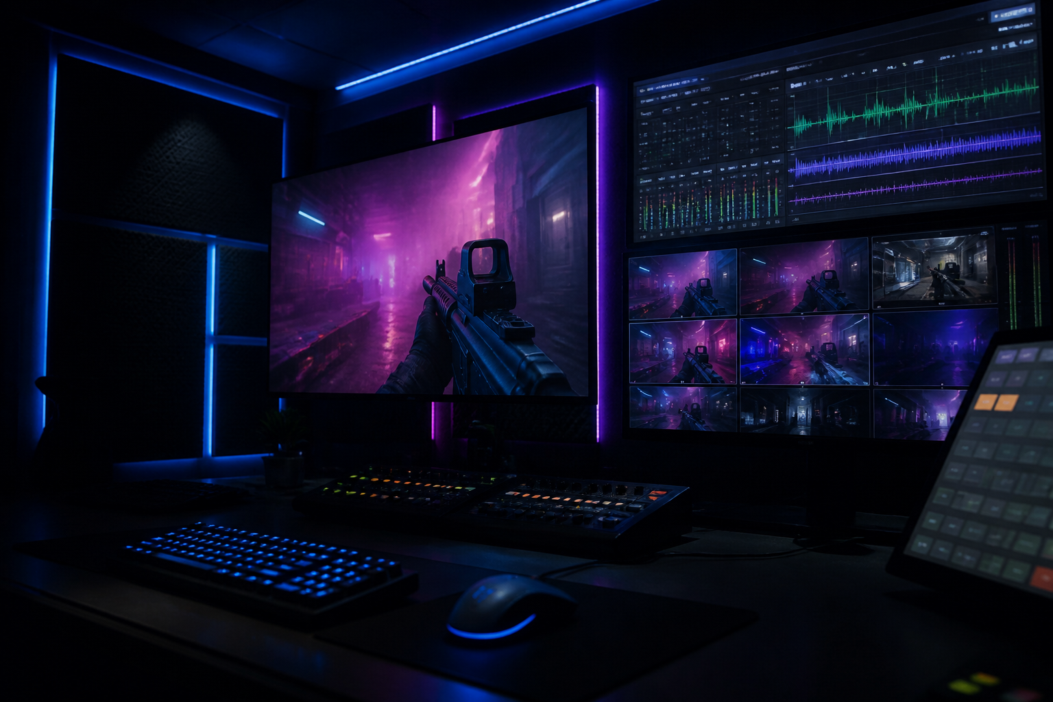 A professional esports broadcast control room with multiple monitors showing gameplay and audio waveforms.