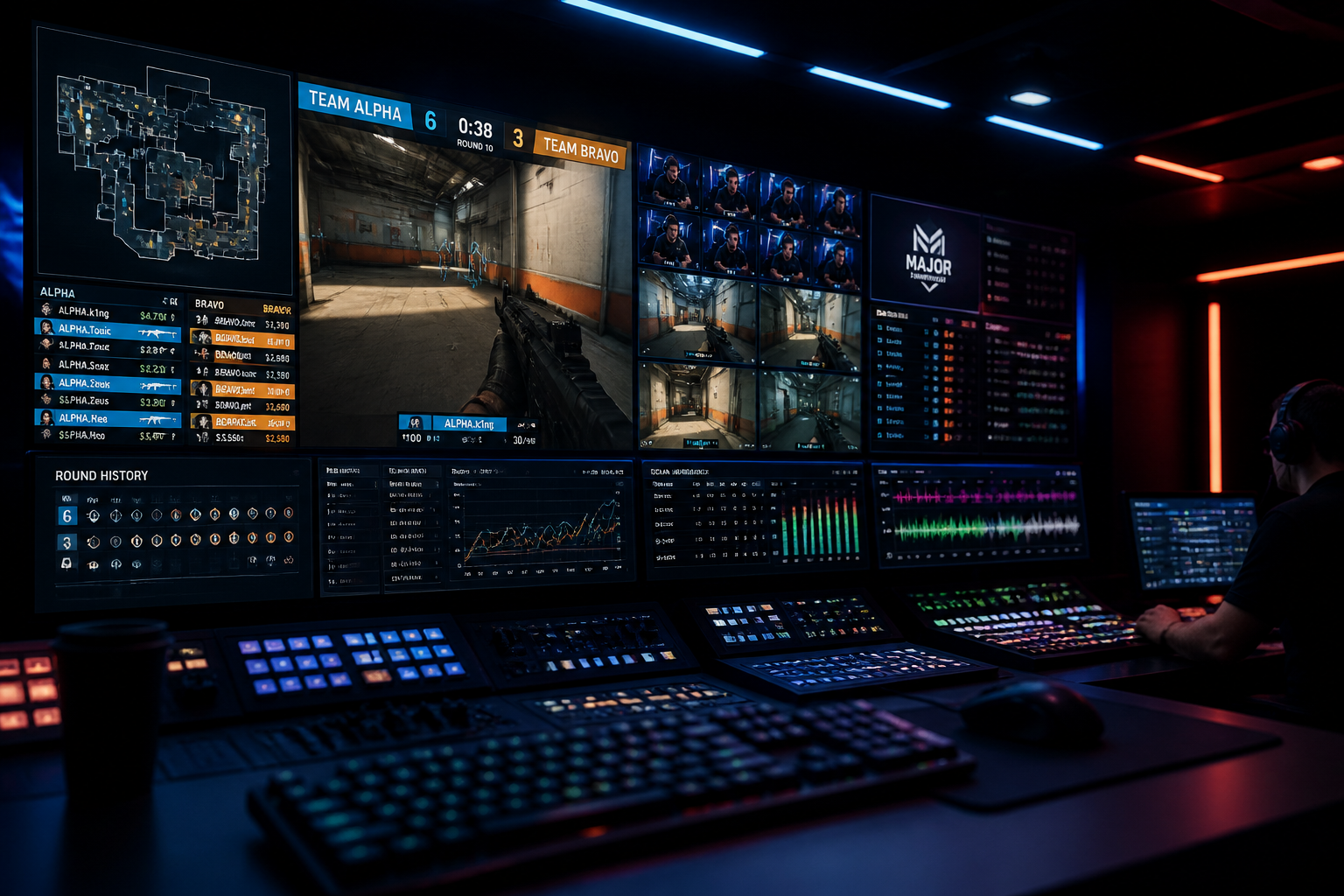 A broadcast control room with multiple monitors showing a CS2 match and audio waveform data