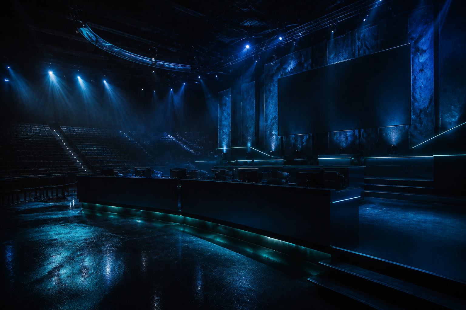 Dark empty esports arena stage with glowing blue lights and abandoned broadcast desks