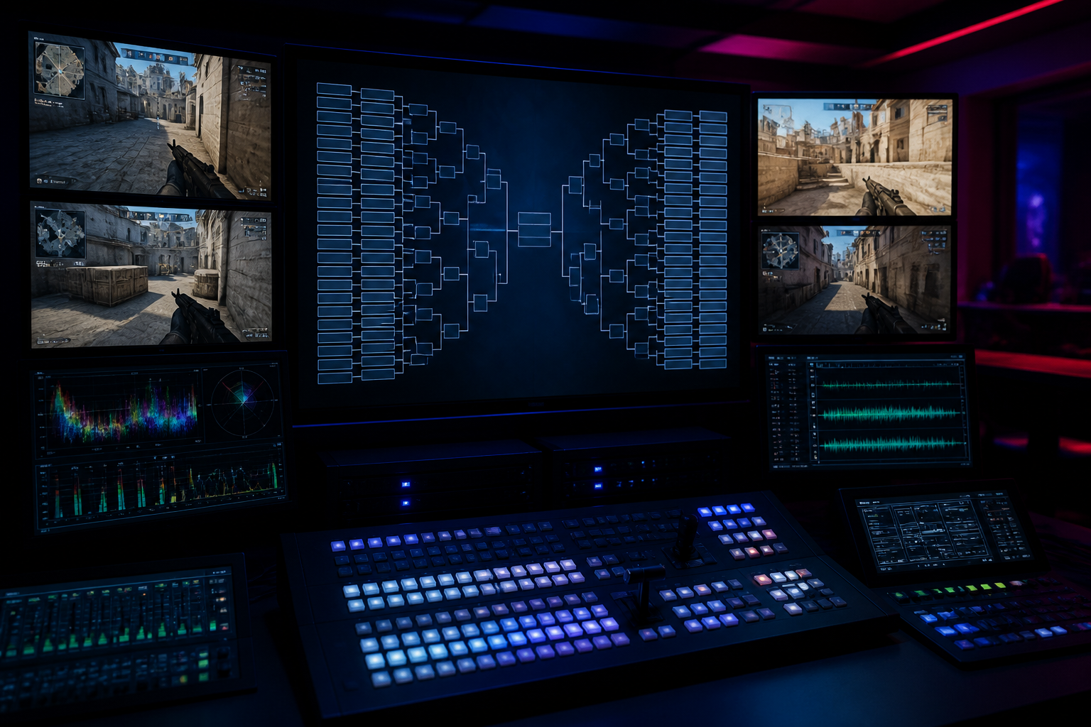 A broadcast control room for an esports tournament with multiple monitors showing brackets and live gameplay.