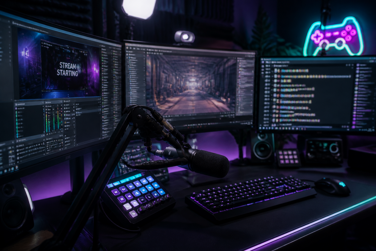 A professional streaming setup with three monitors displaying video editing software, a live broadcast mixer, and vibrant RGB lighting.