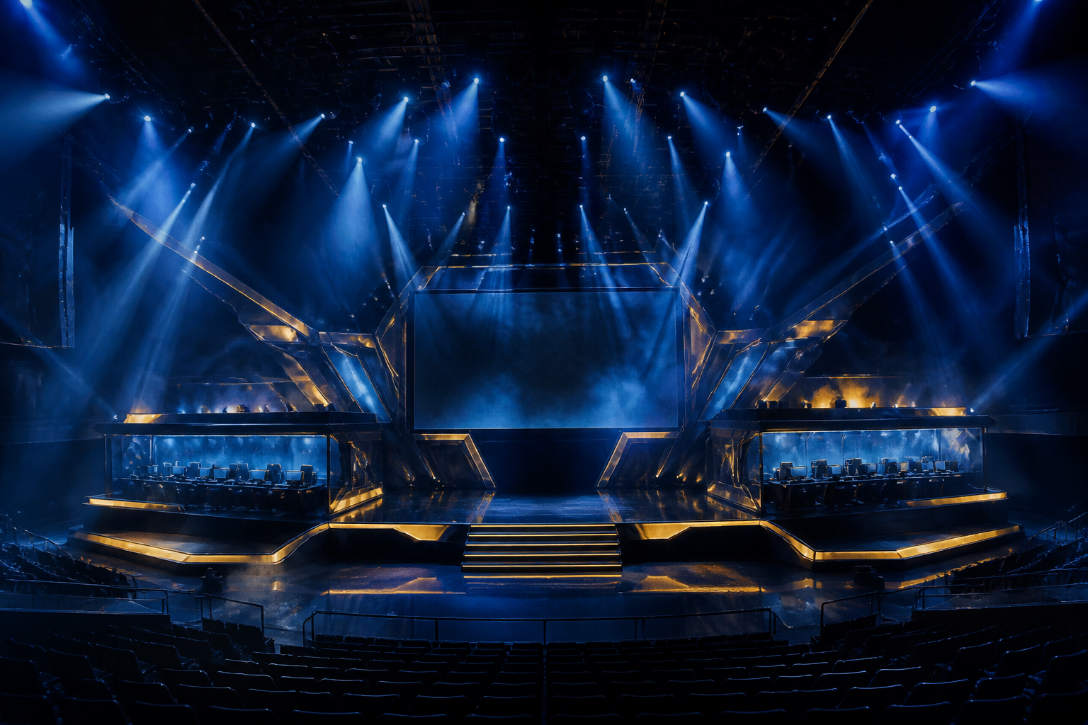 Dark esports arena stage with glowing blue and gold booth lights during a competitive tournament match
