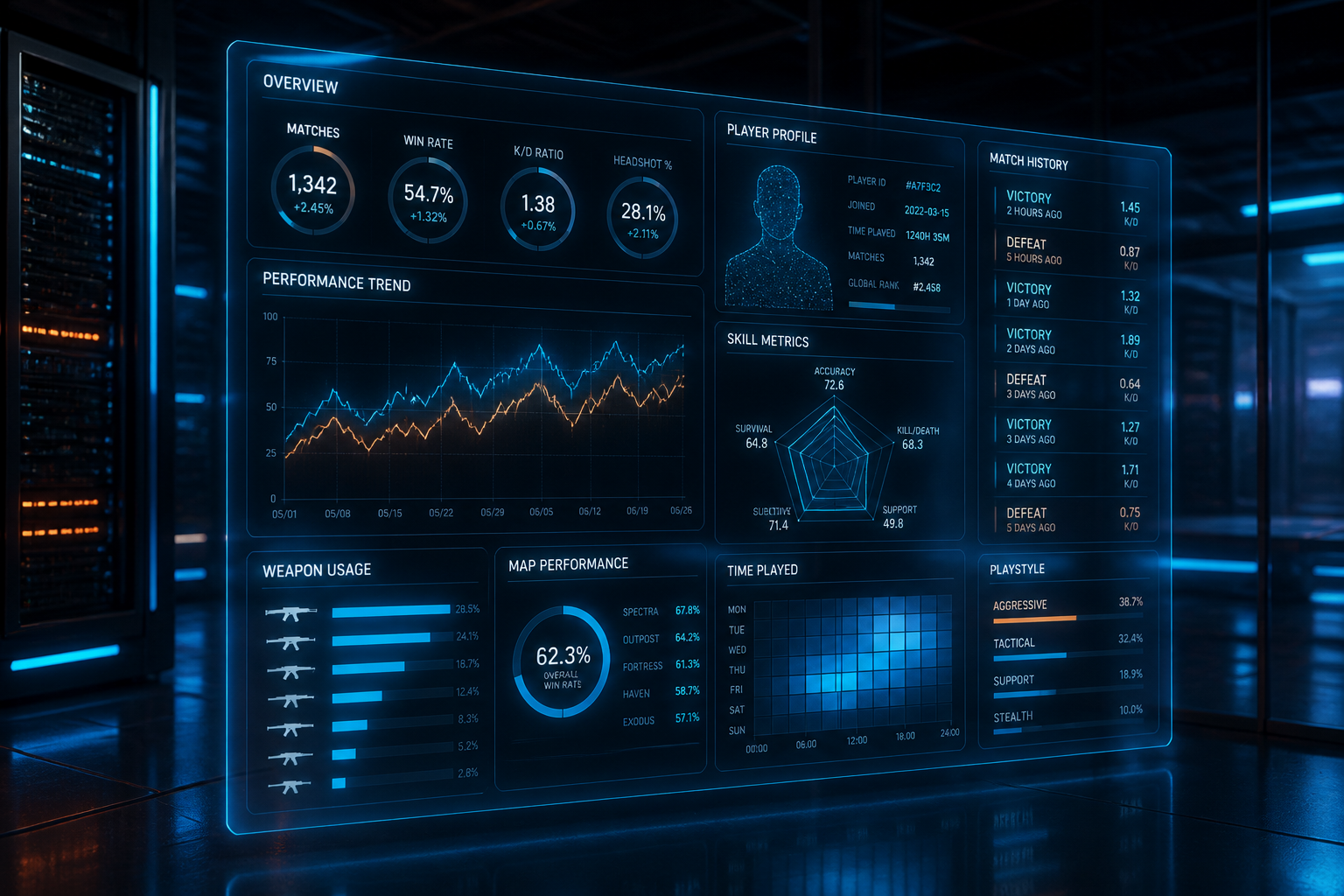 A glowing abstract data visualization of player statistics in a dark server room with neon accents.
