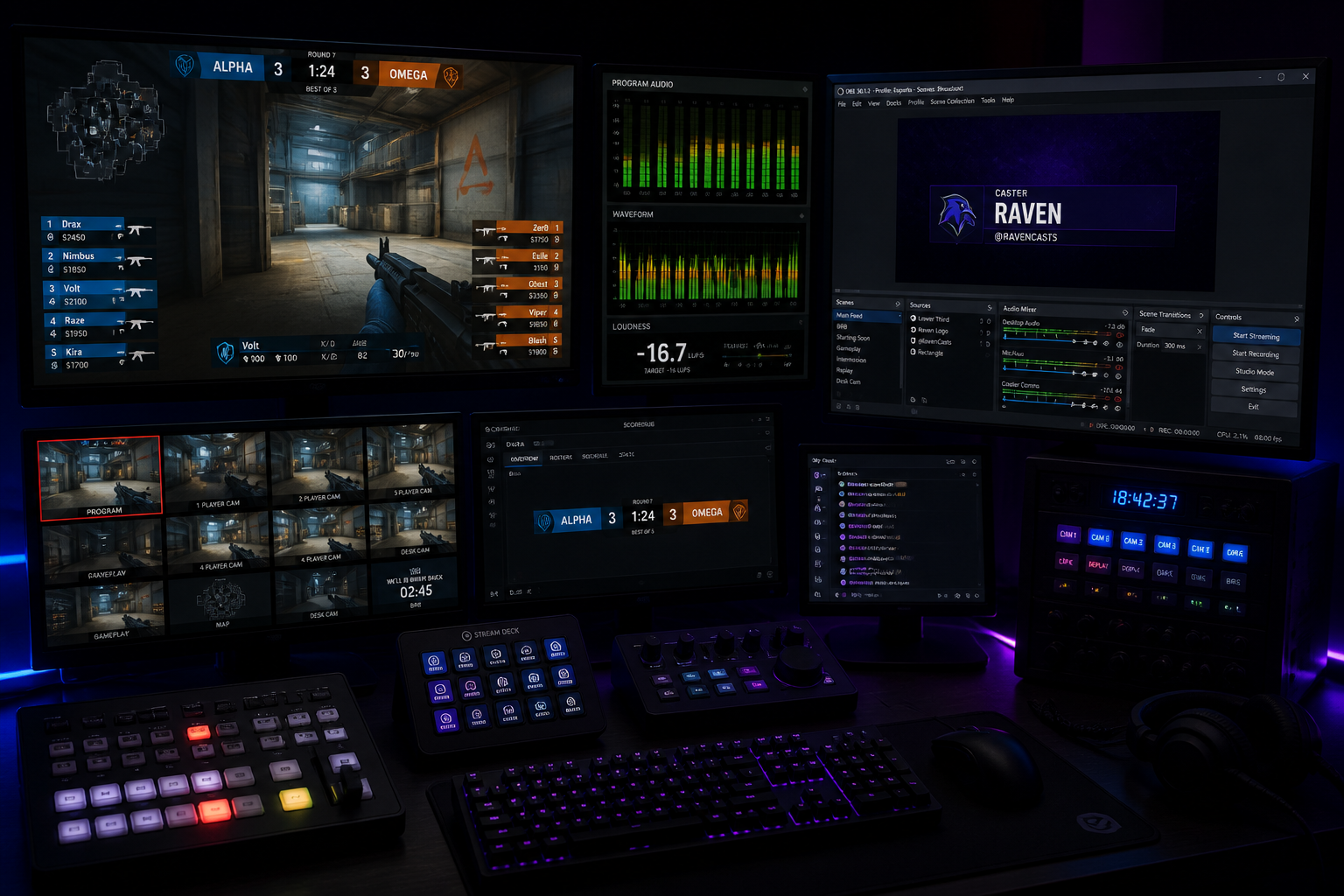 A broadcast control room with multiple monitors showing a CS2 match and a caster lower third graphic being edited.