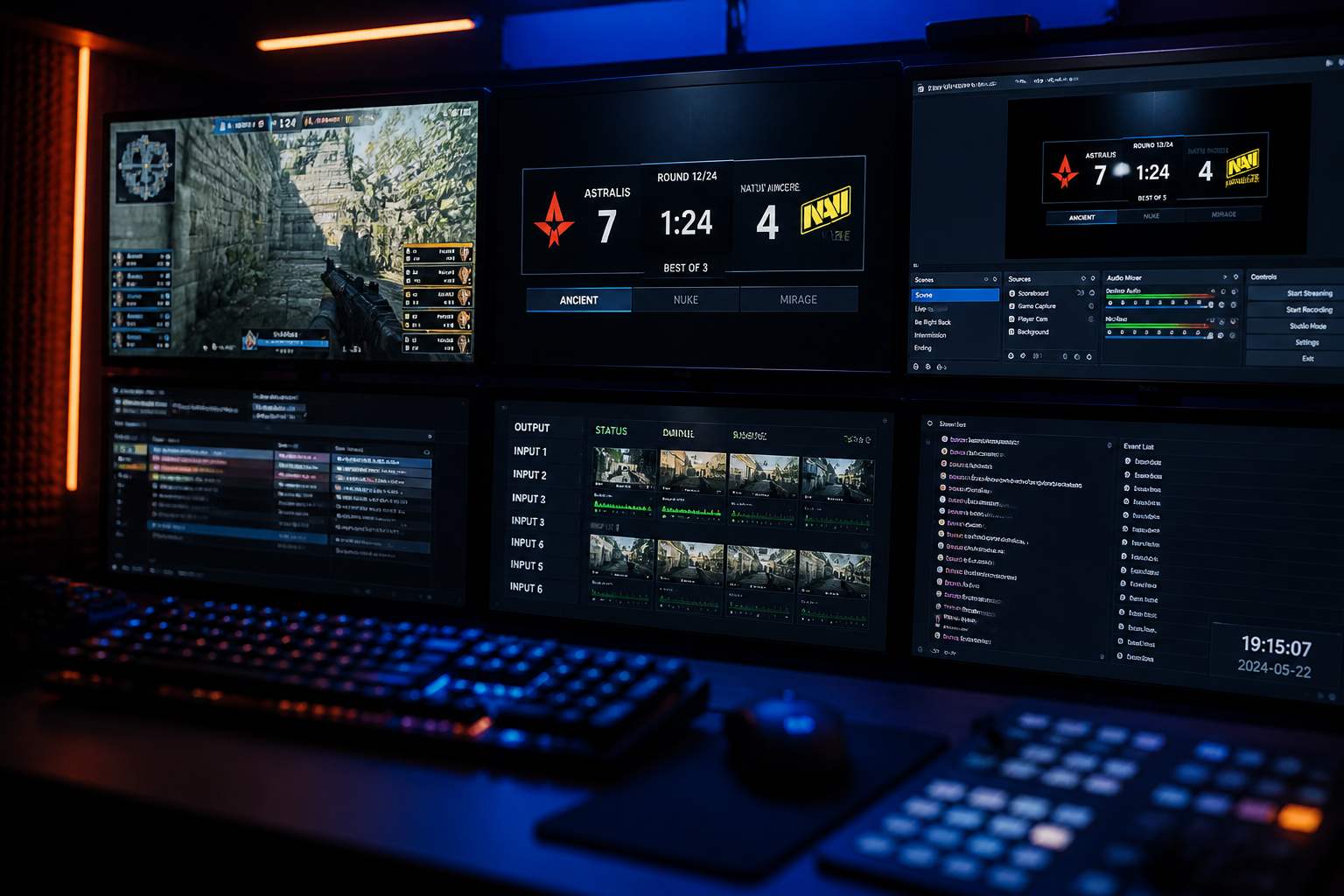 A broadcast control room with multiple monitors, one showing OBS with a CS2 match and a scoreboard overlay.