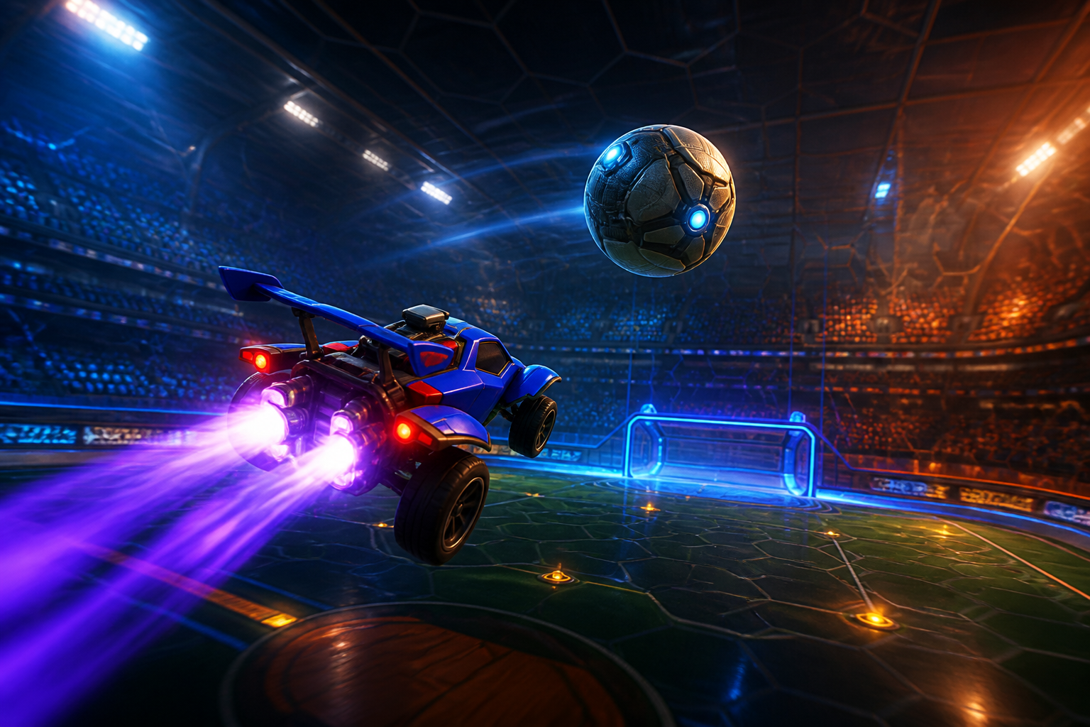 A rocket-powered car boosting towards a ball in a futuristic, neon-lit esports arena for Rocket League.