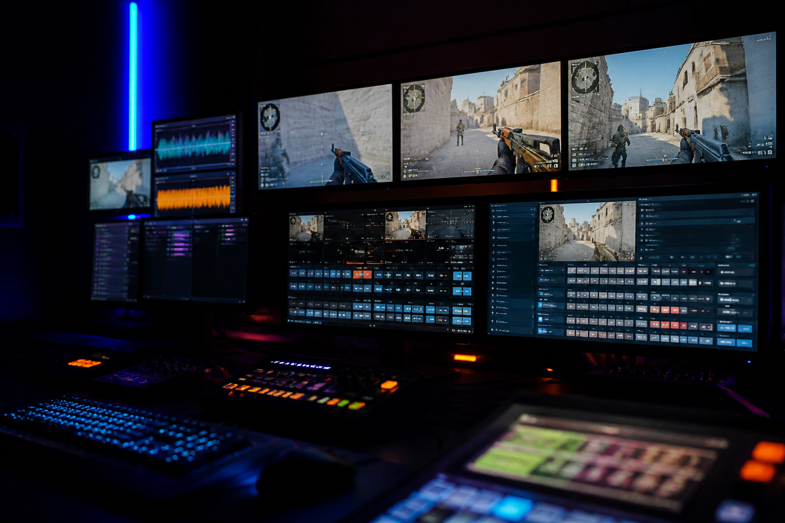 A professional esports broadcast setup with multiple monitors showing CS2 gameplay, a production switcher, and audio mixing board.