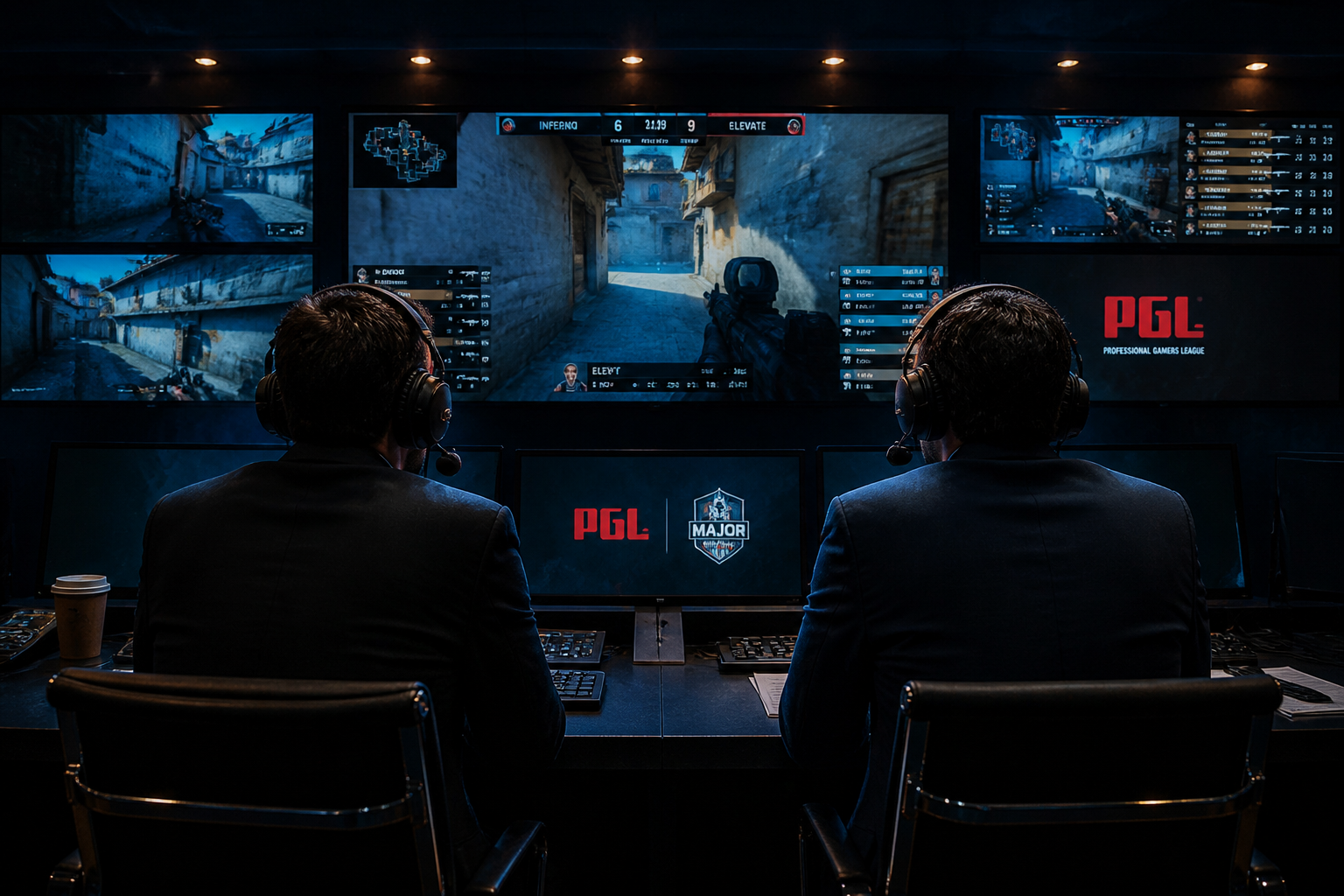 Two esports commentators in a broadcast studio with headsets on, looking intently at monitors