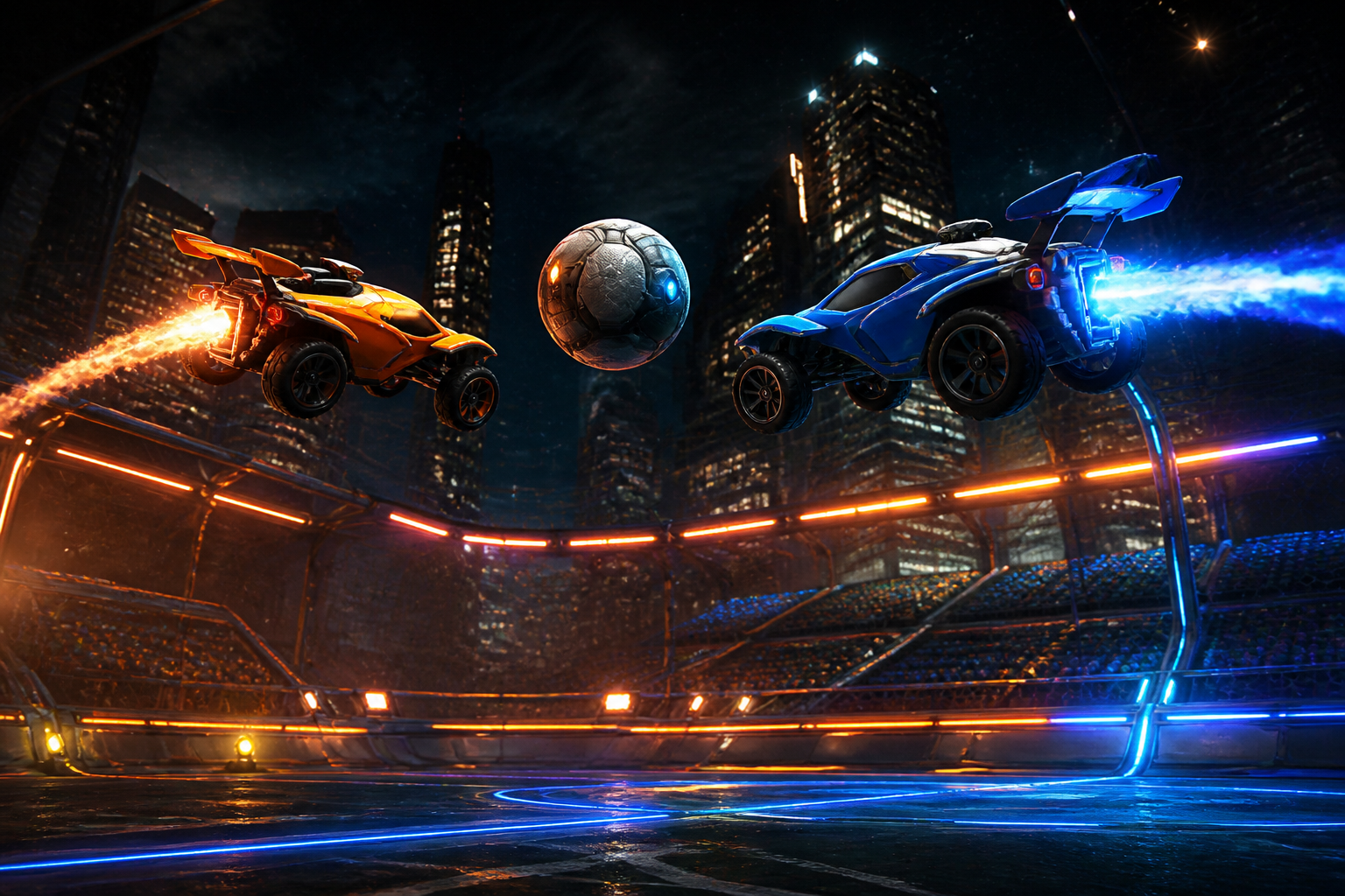 An aerial view of a vibrant esports arena with two rocket-powered cars about to clash over a giant soccer ball.