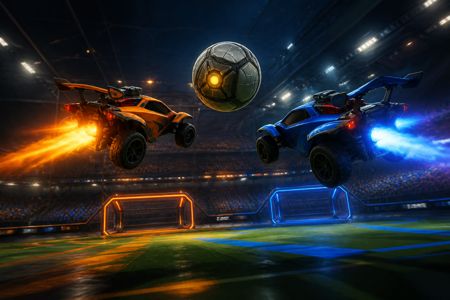 A cinematic shot of two stylized rocket-powered cars about to collide with a ball in a brightly lit esports arena.