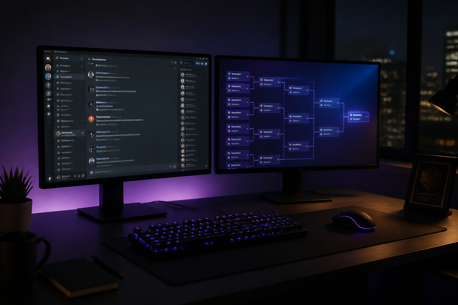 A tournament organizer's desk with a monitor showing a glowing esports tournament bracket next to a Discord server interface.