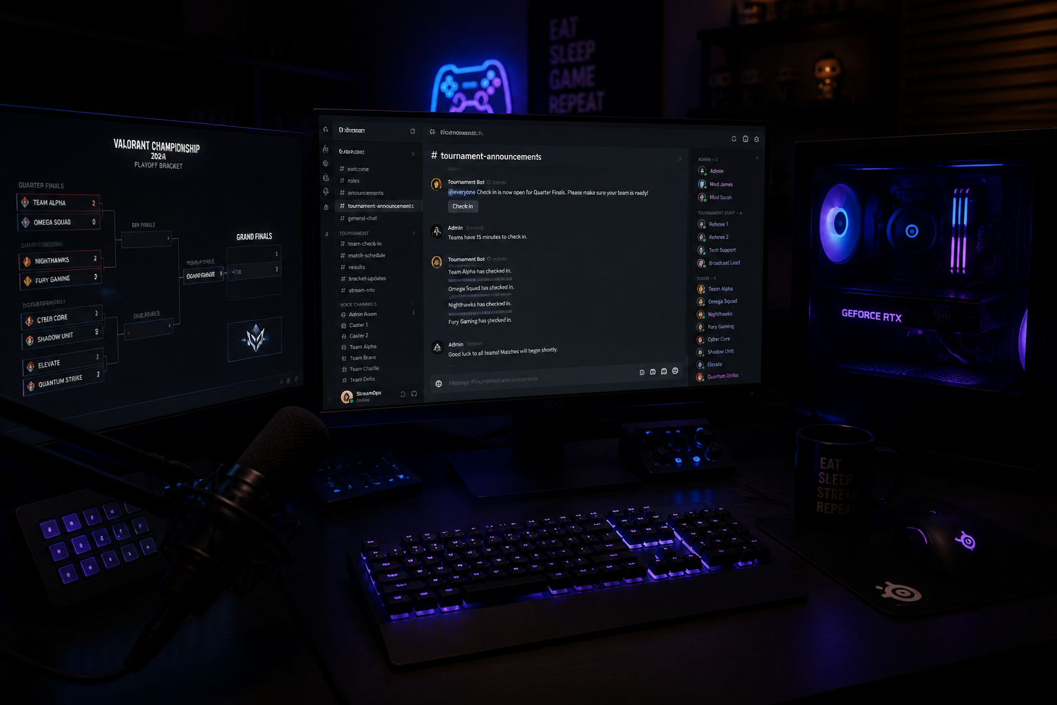 A clean desk setup with multiple monitors showing a Discord server and a tournament bracket interface