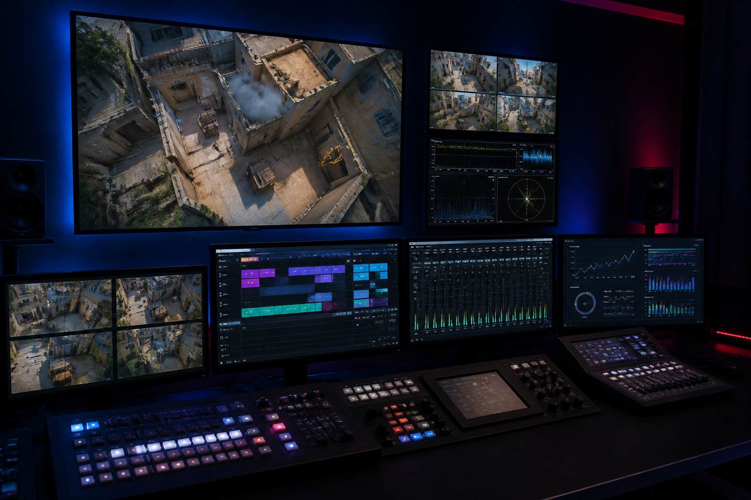 A dark esports broadcast control room with multiple monitors showing gameplay and production software with glowing neon lights.