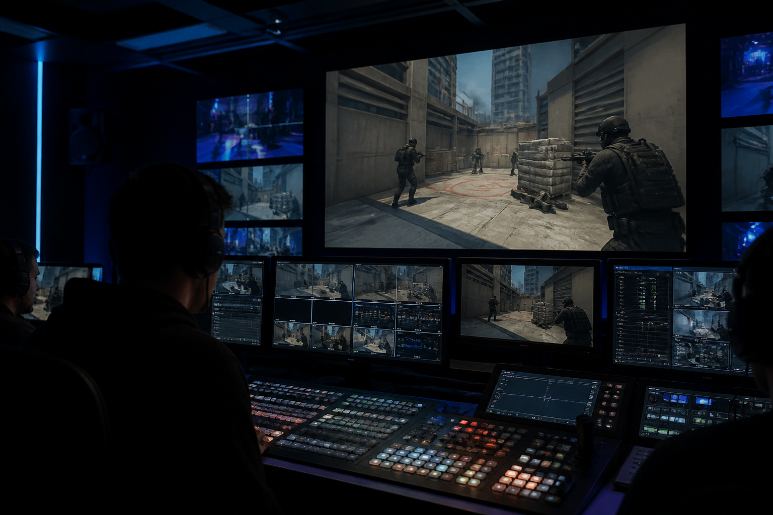A dark broadcast control room with multiple monitors showing a Valorant esports match in progress, with neon blue and purple ambient lighting.