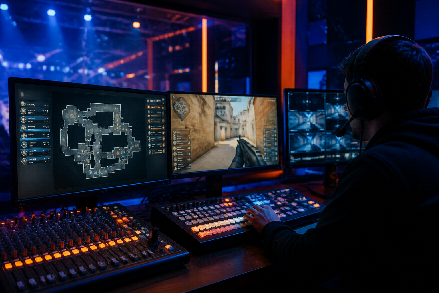A broadcast control room desk with multiple monitors showing tactical shooter gameplay and production software.