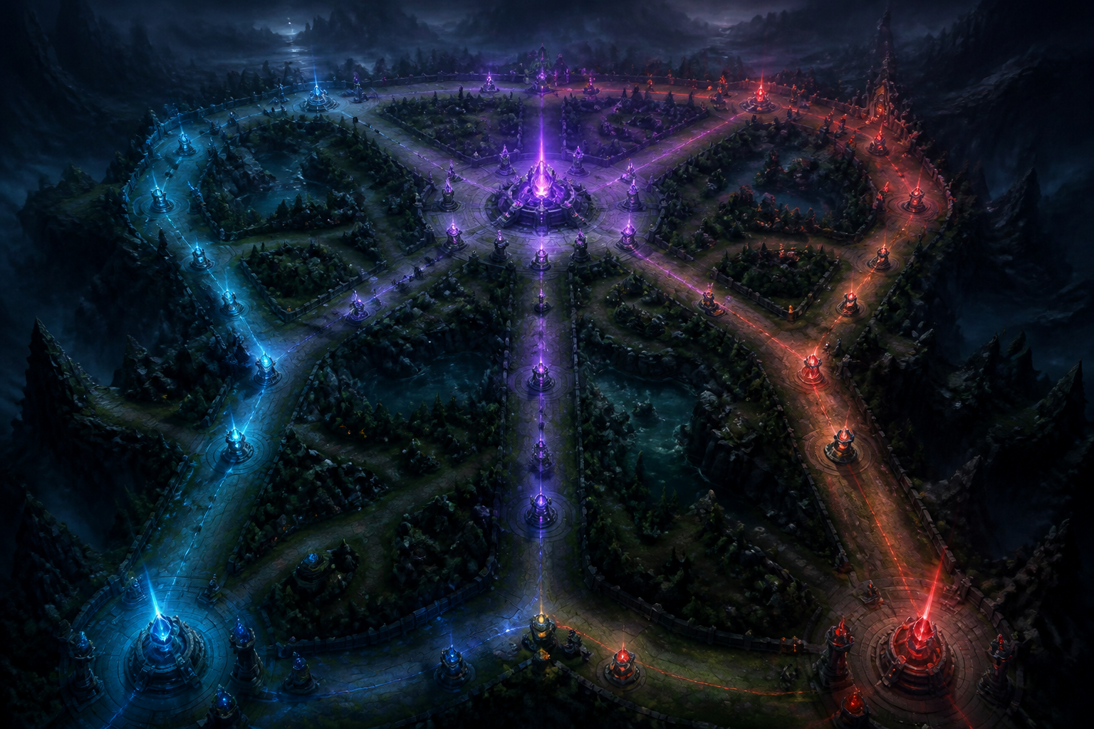 A wide cinematic shot of a fantasy MOBA arena with glowing lanes and jungle flora under a dark, moody sky.