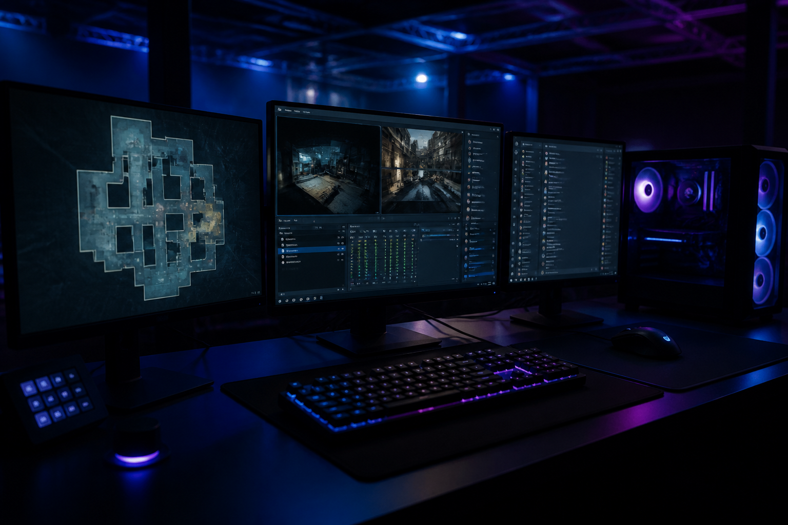 A tournament organizer's desk with multiple monitors showing an OBS broadcast view, a CS2 map, and Discord.