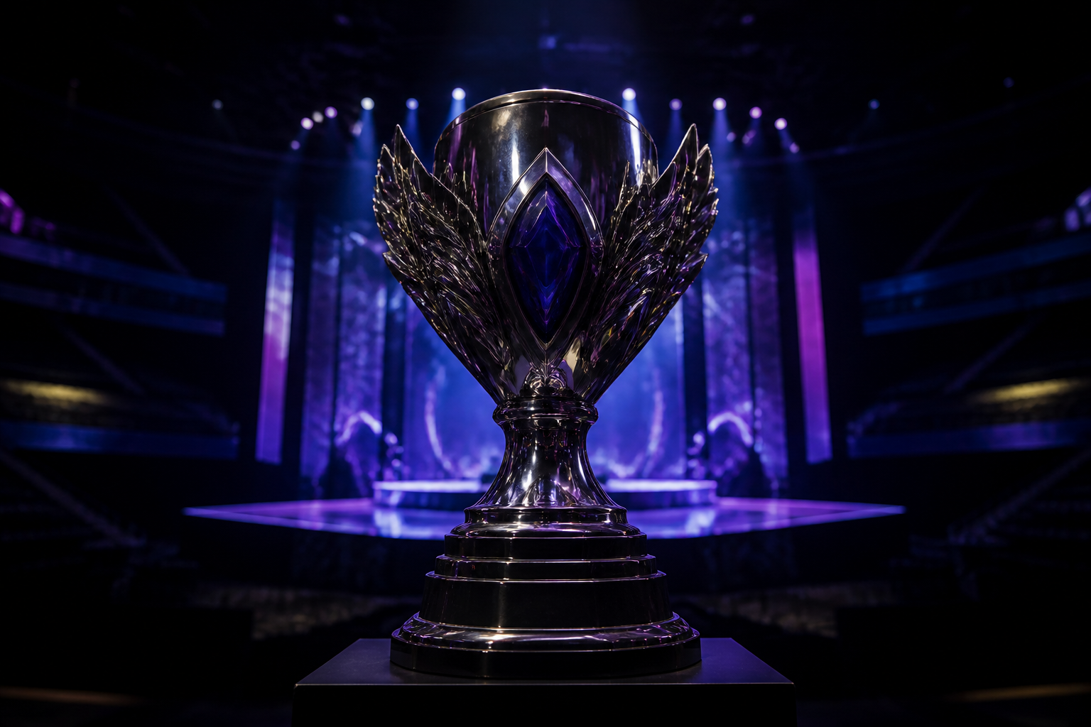 A close-up shot of a glowing silver and gold esports trophy on a pedestal in a dark arena before a tournament final.
