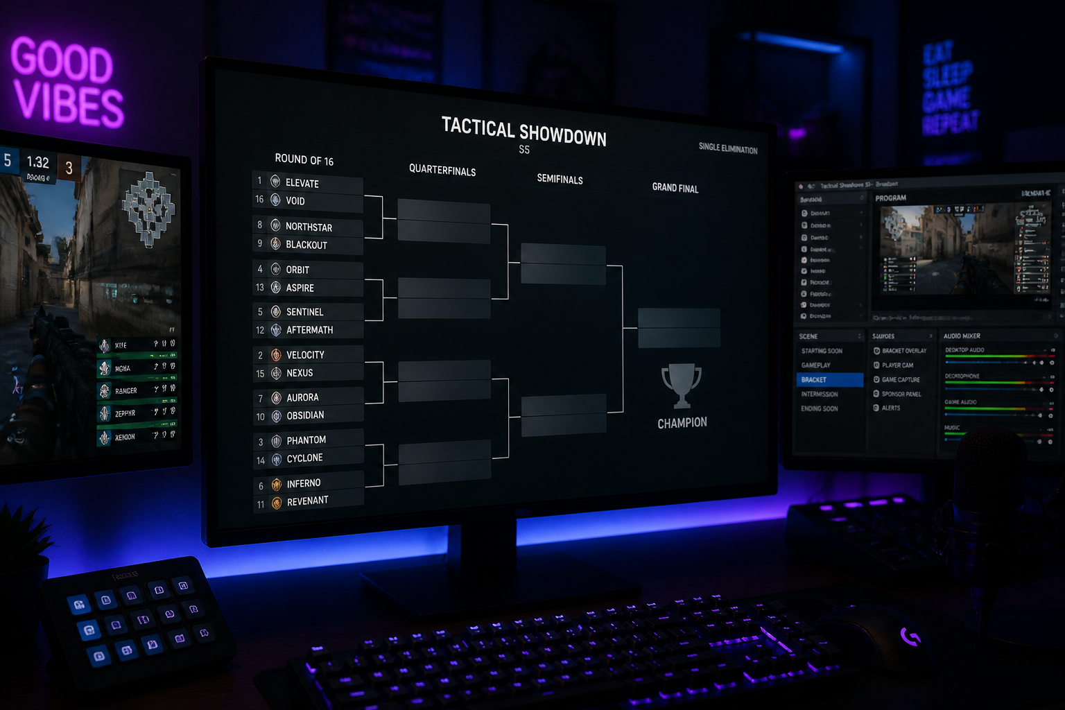 A clean tournament bracket overlay displayed on a monitor in a dark broadcast control room with multiple screens.