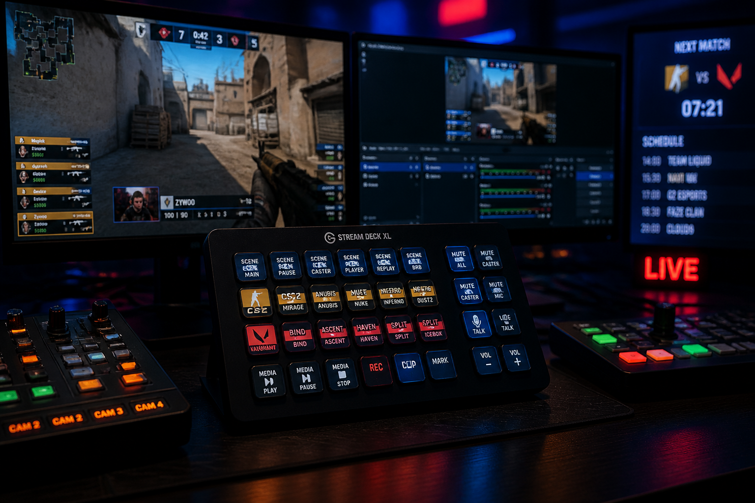 An Elgato Stream Deck XL on a desk with multiple monitors showing esports gameplay and production software in the background.
