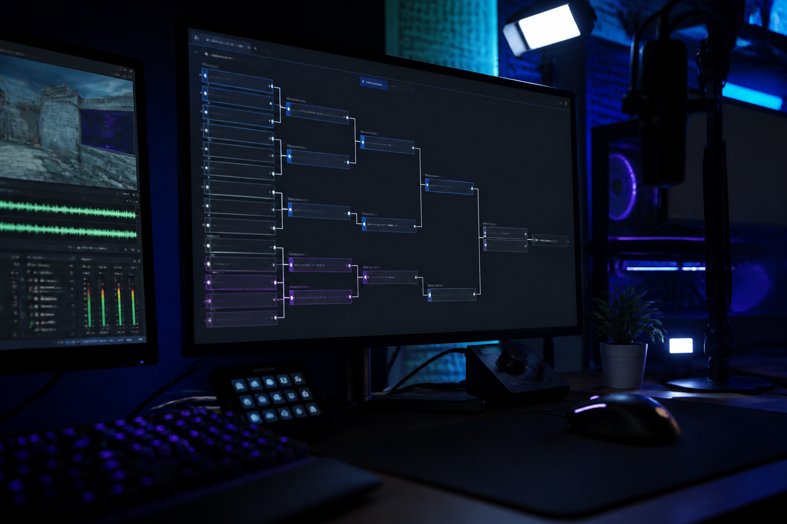 A close-up of a computer monitor displaying a live-updating esports tournament bracket in a dark-themed broadcast control room.