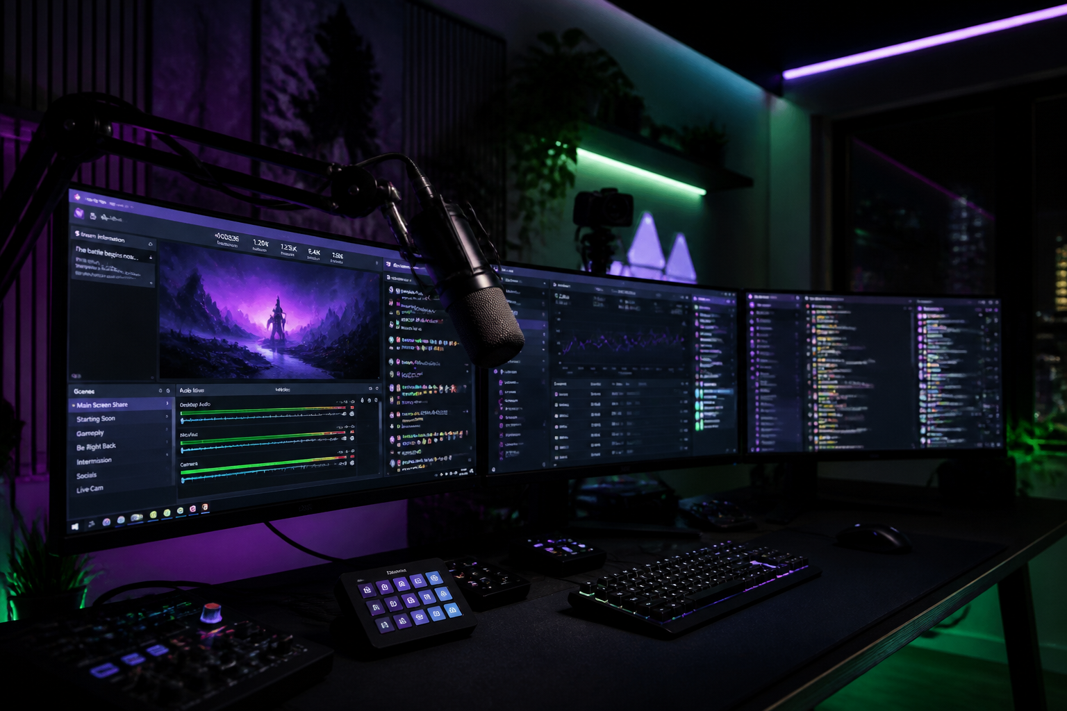 A high-end streaming setup with triple monitors showing OBS, a professional microphone, and vibrant green and purple LED accents.
