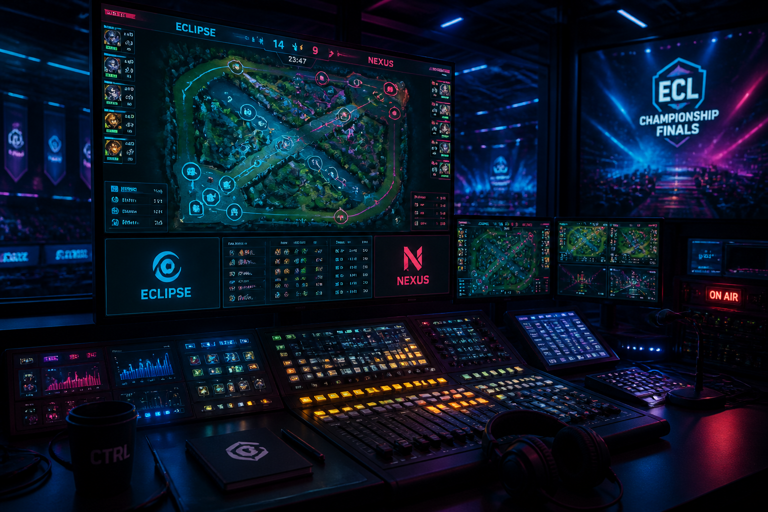 A high-end broadcast control room with multiple monitors displaying a fantasy MOBA map and data overlays.