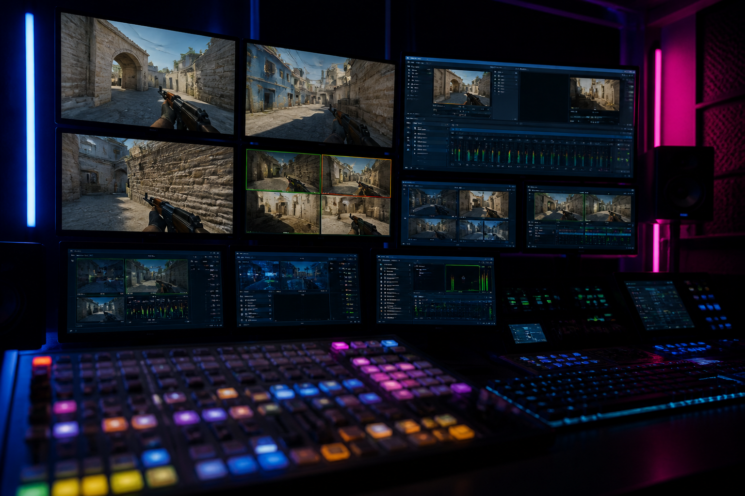 A broadcast control room with multiple monitors showing esports gameplay and production waveforms.