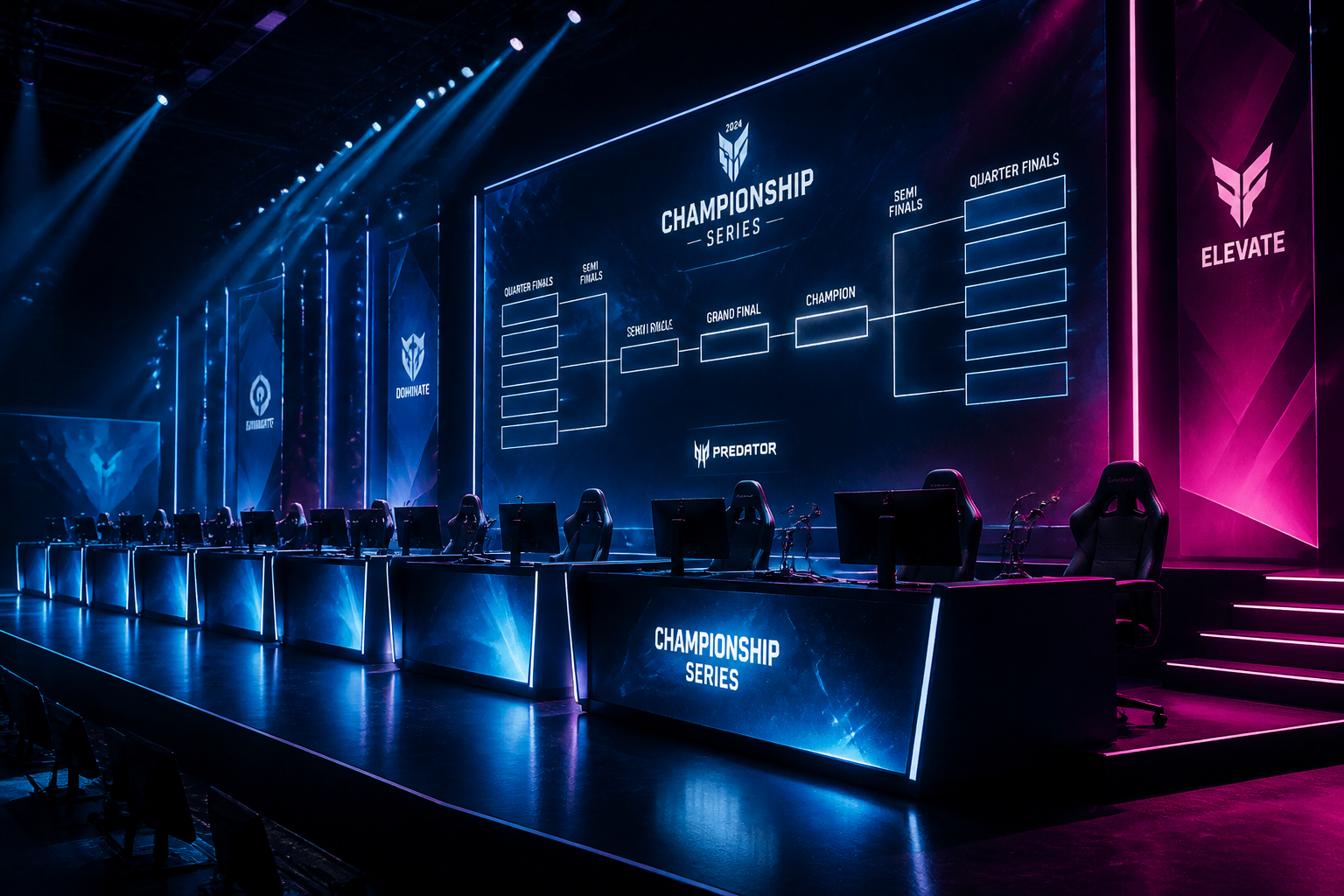 Dark esports arena stage with glowing cyan and purple tournament lights