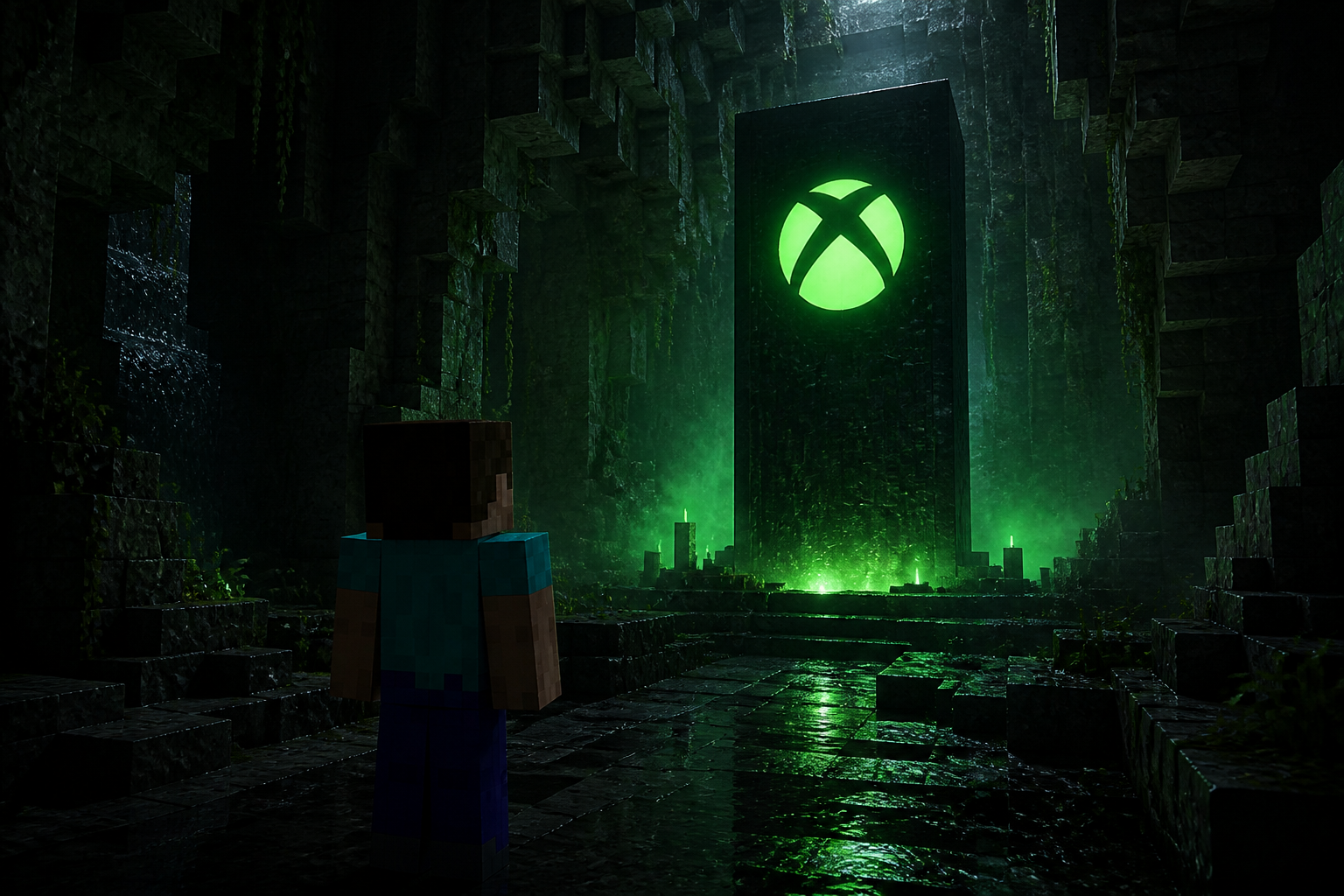 A Minecraft-style block character looking at a glowing green Xbox logo in a dark, cavernous space.