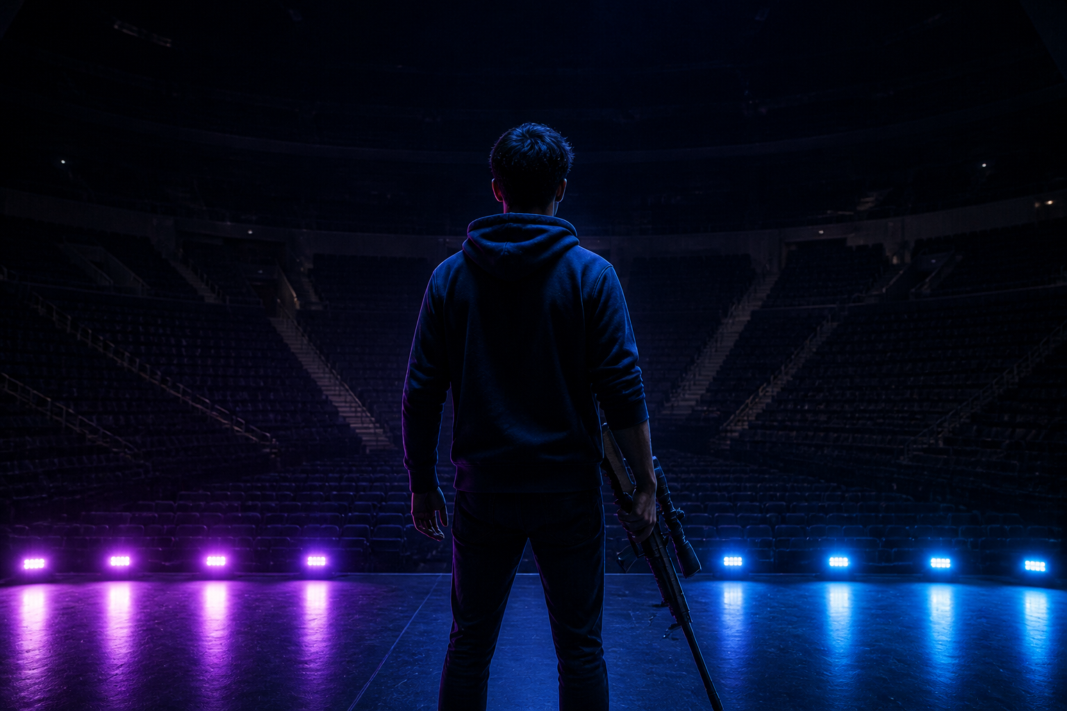 A lone figure with a sniper rifle stands on a futuristic stage, looking out over an empty arena.
