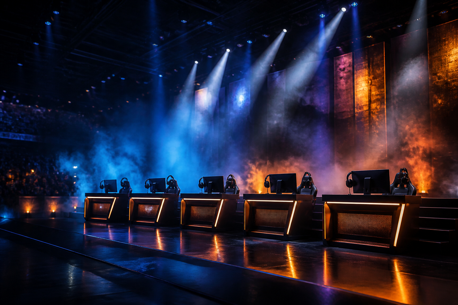 Esports tournament stage with glowing blue and amber arena lights shining on empty team desks