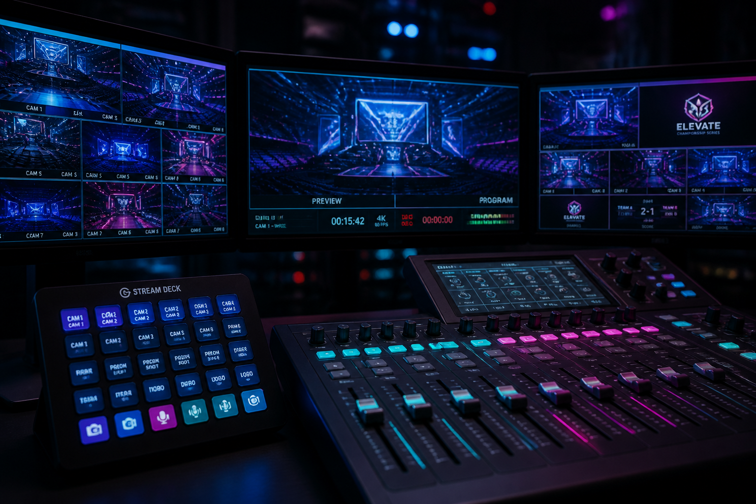 A high-end broadcast control room with dual-monitors showing tactical shooter maps and green-tinted audio waveforms.