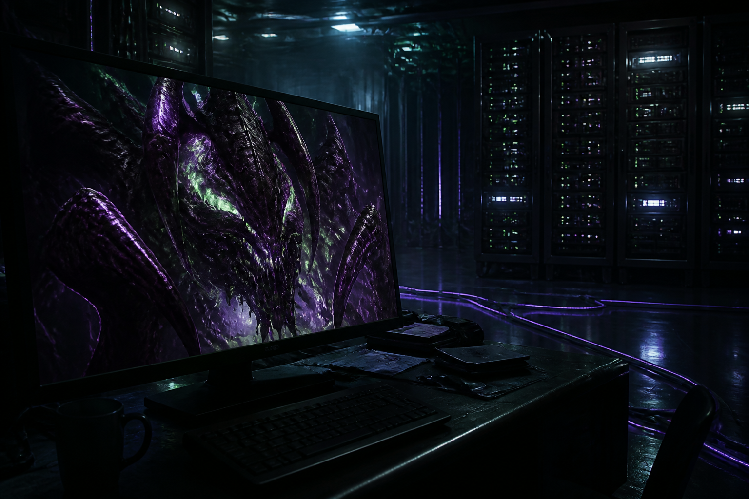 A dark, moody server room with a glowing Zerg-like creature reflected on a monitor screen.