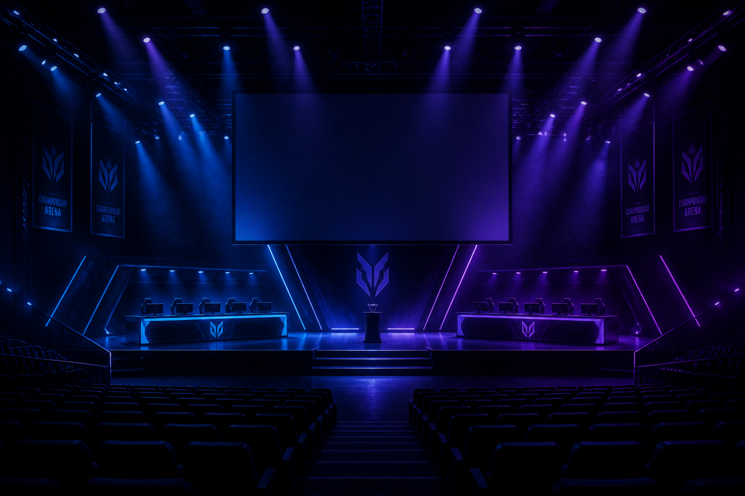 An empty esports arena stage with blue and purple lights before a tournament begins, signifying planning.