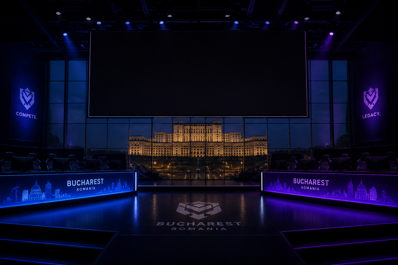 An empty esports arena stage with dramatic lighting, prepared for the PGL Bucharest 2027 Counter-Strike tournament.