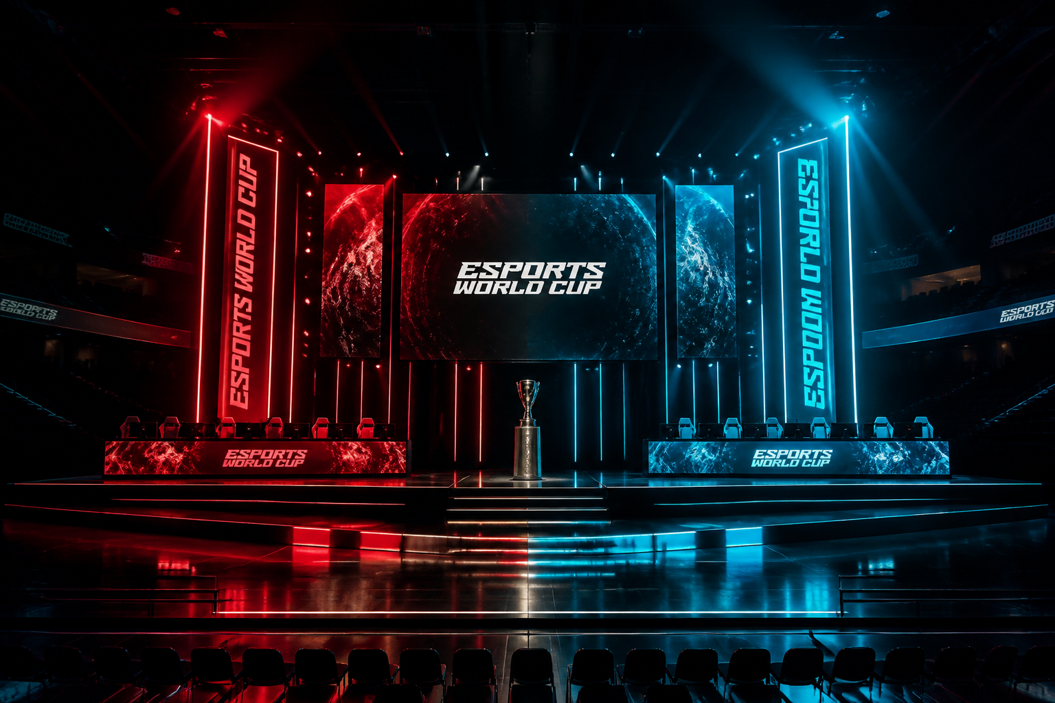 Dark esports arena stage with glowing red and blue lighting on empty broadcast desks