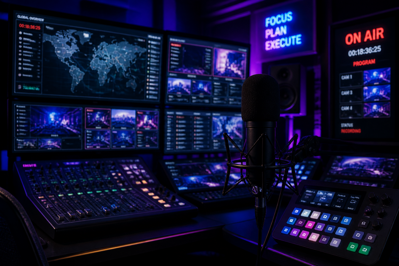 A professional broadcast desk with four monitors showing tactical game maps, OBS stream previews, and digital audio workstation waveforms in a dark room.