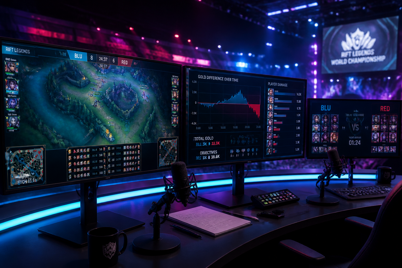 A sleek esports analyst desk featuring glowing neon purple and blue backlighting with multi-monitor setups displaying complex data charts.